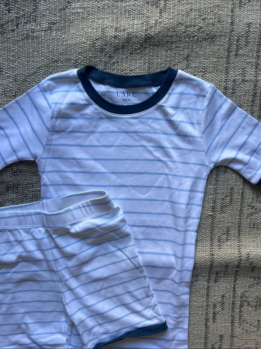 Kids Light Blue & White Striped Short Pajama Set with Navy Trim